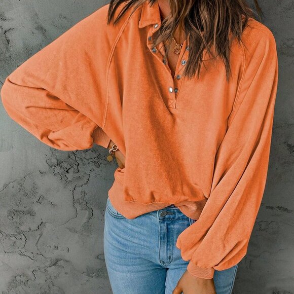 Orange Casual Women's Lantern Sleeve Button Half Placket Loose Sweatshirt - Picture 5 of 11